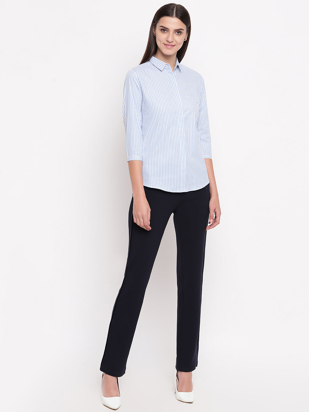 Women White & Blue Pure Cotton Striped Slim Fit Formal Shirt
