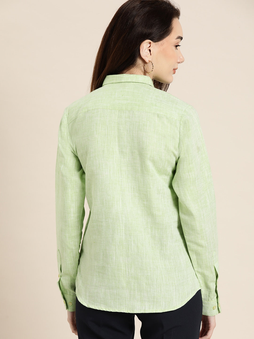 Women Green Solid Linen Cotton Slim Fit Formal Shirt