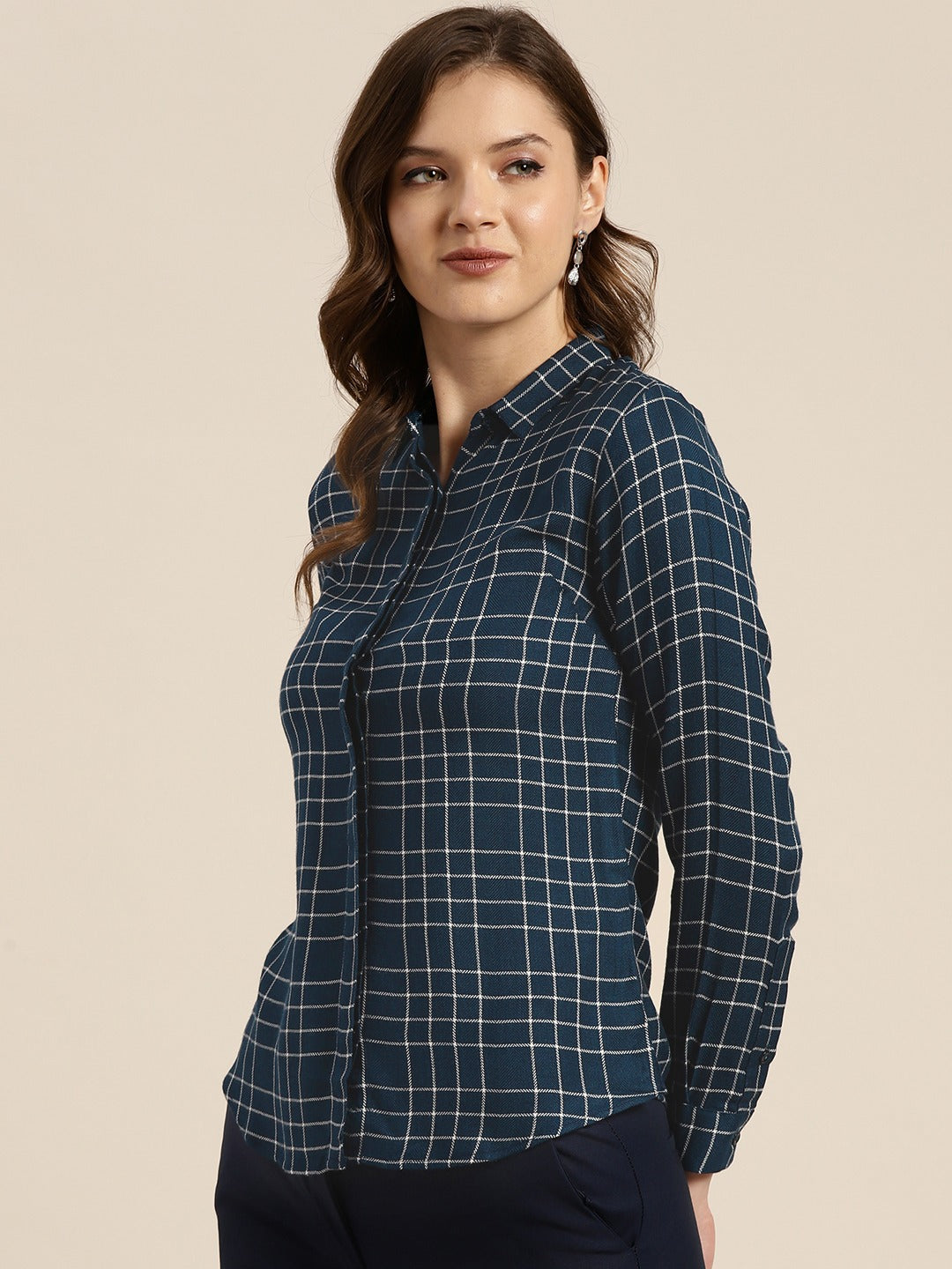 Women Navy Blue Checks Viscose Rayon Slim Fit Formal Shirt