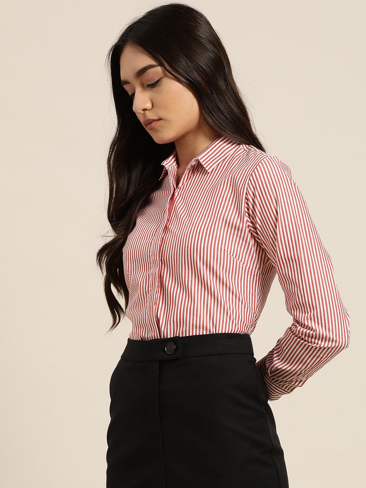 Women White & Red Stripes Pure Cotton Slim Fit Formal Shirt