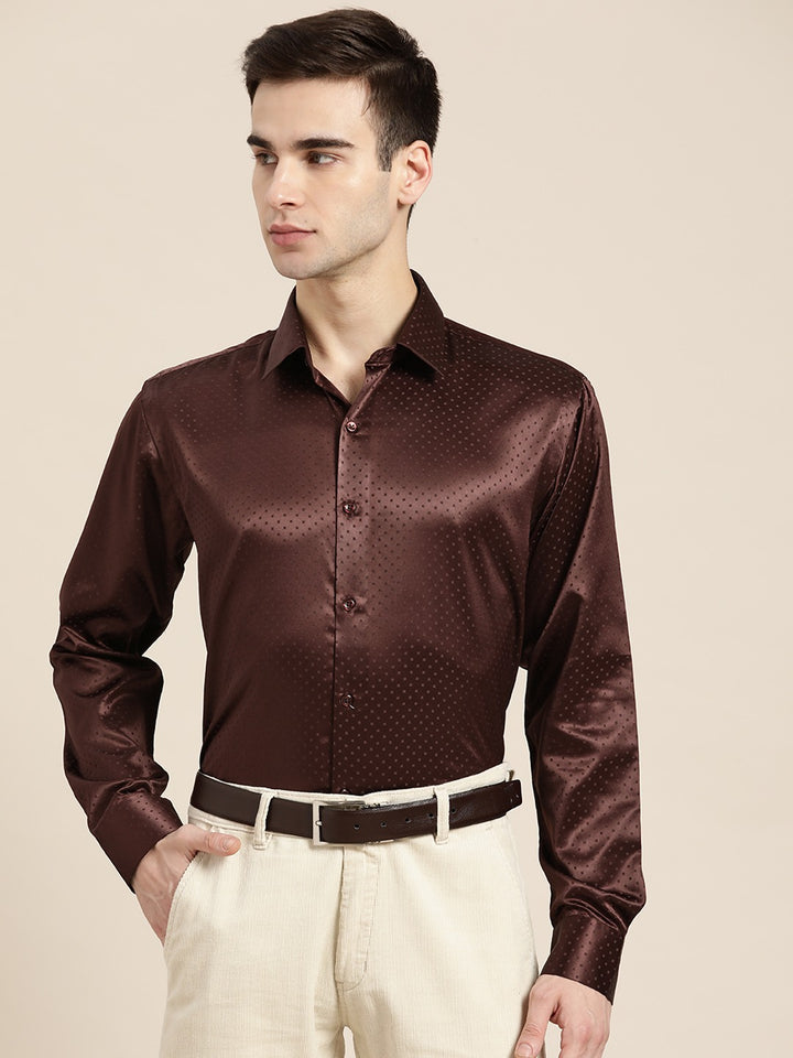 Men Maroon Solid Self Design Polyester Satin Slim Fit Party Formal Shirt