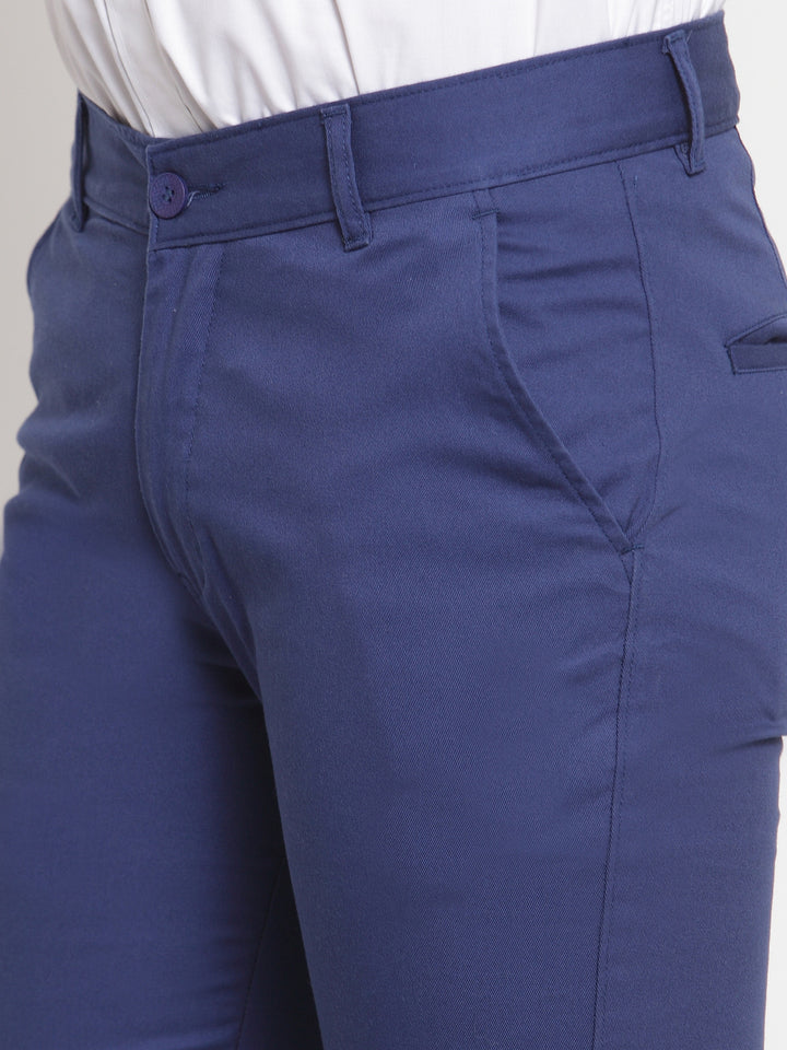 Men Blue Pure Cotton Solid Slim Fit Casual Trouser