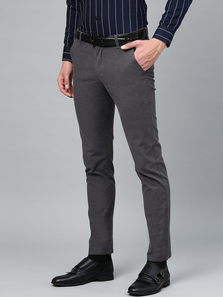 Men Grey Cotton Solid Slim Fit Casual Trouser