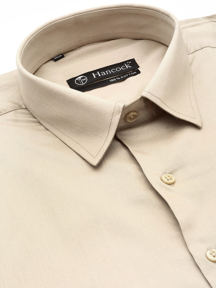 Men Beige Solid Pure Cotton Satin Slim Fit Formal Shirt