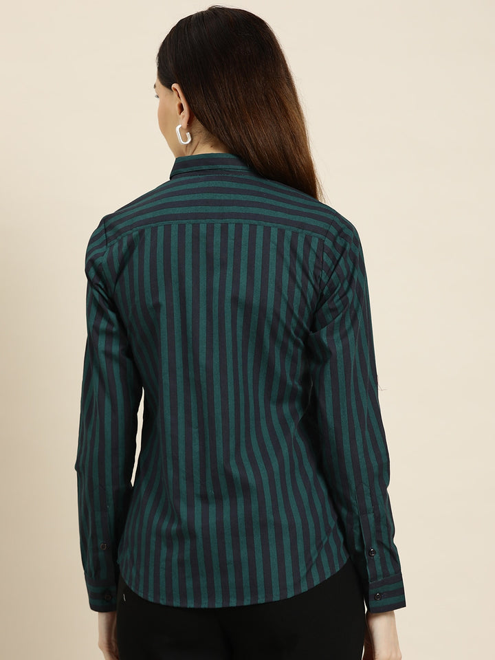 Women Navy-Green Stripes Pure Cotton Slim Fit Formal Shirt
