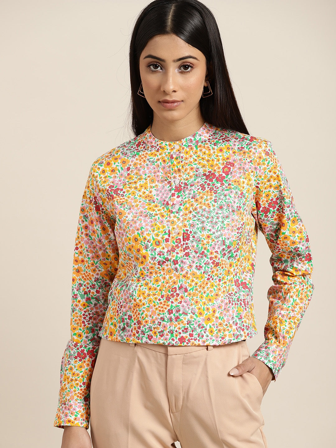 Women White & Multi Printed Pure Cotton Slim Fit Formal Top