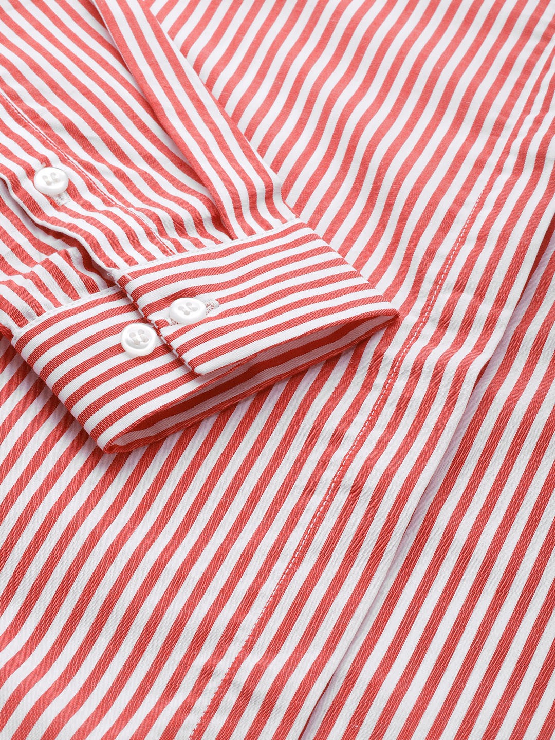 Women White & Red Stripes Pure Cotton Slim Fit Formal Shirt