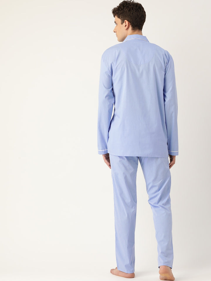 Men Blue Solids Pure Cotton Regular Fit Night Wear Night Suit