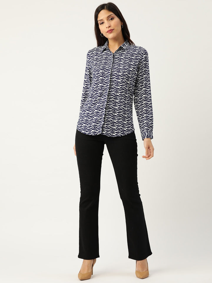 Women White Prints Viscose Rayon Slim Fit Formal Shirt