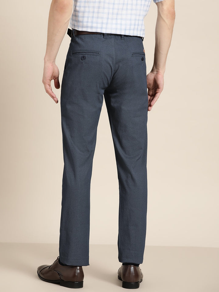 Men Navy Prints Cotton Elastene Slim Fit Formal Trouser