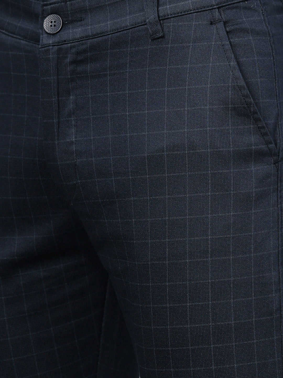 Men Navy Cotton Checked Slim Fit Casual Trouser