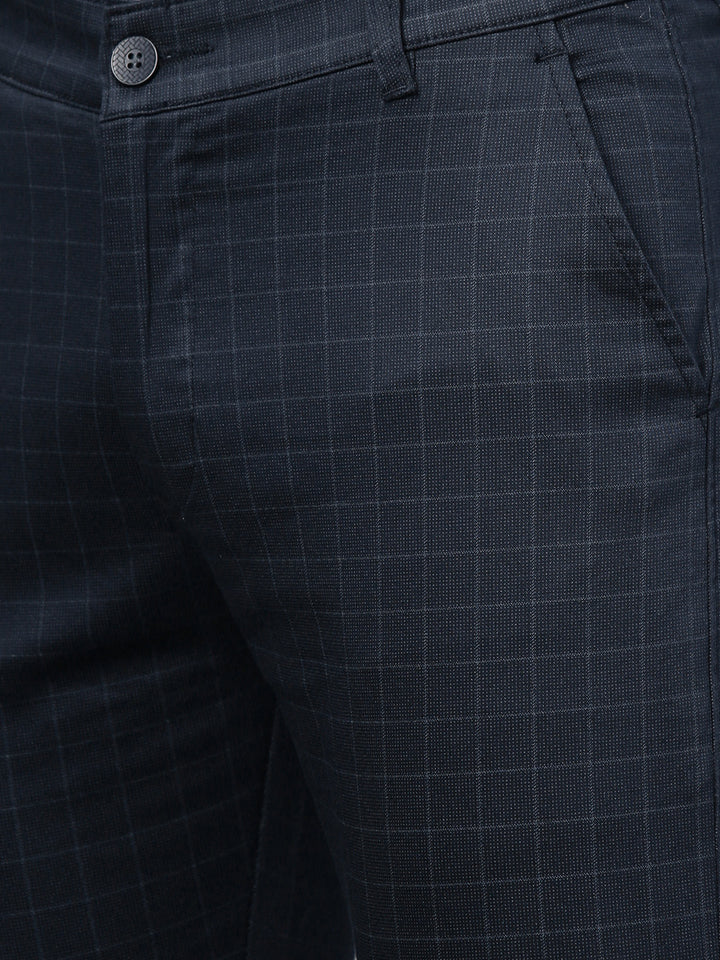 Men Navy Cotton Checked Slim Fit Casual Trouser