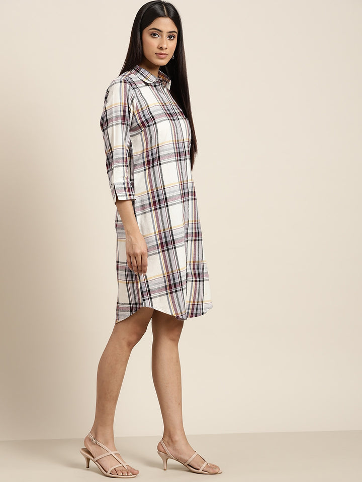 Women Beige & Black Checks Pure Cotton Regular Fit Casual Dress
