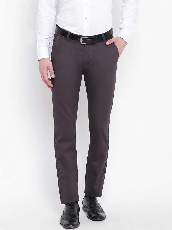Men Dark Grey Pure Cotton Solid Slim Fit Casual Trouser