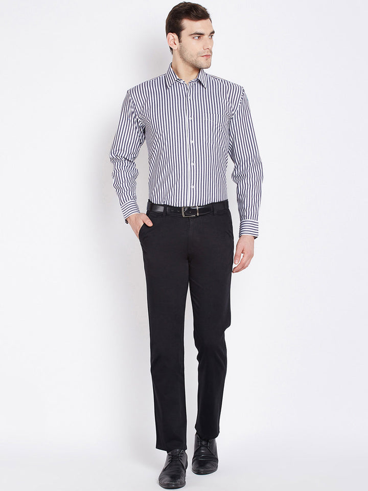 Men Grey & White Pure Cotton Striped Regular Fit Formal Shirt