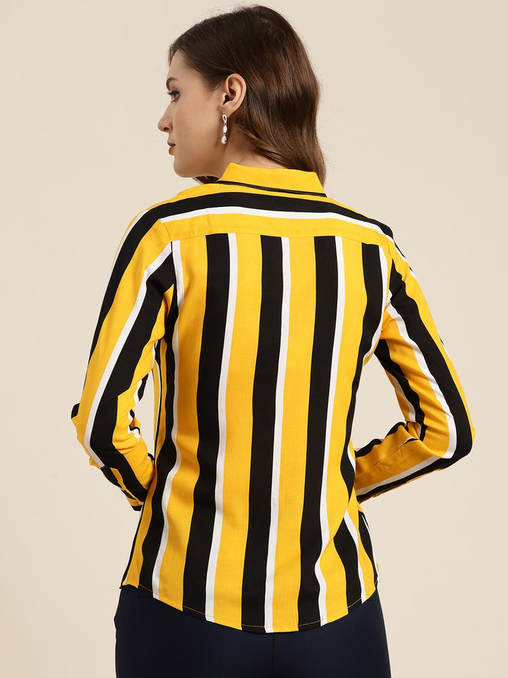 Women Black & Yellow Stripes Viscose Rayon Slim Fit Formal Shirt