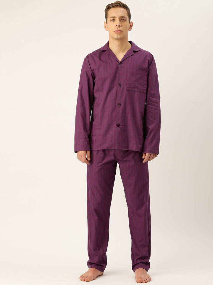 Men Wine Checks Pure Cotton Regular Fit Night Wear Night Suit