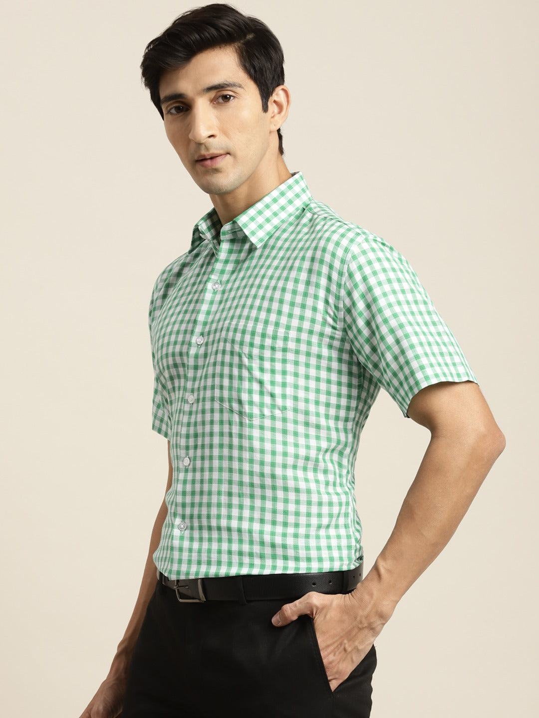 Men Green & White Checked Pure Cotton Short Sleeve Slim Fit Formal Shirt