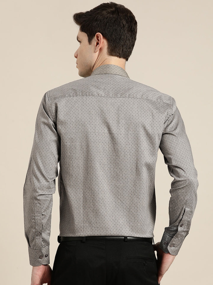 Men Grey Chambray Polka Micro Dot Print Cotton Rich Slim Fit Formal Shirt