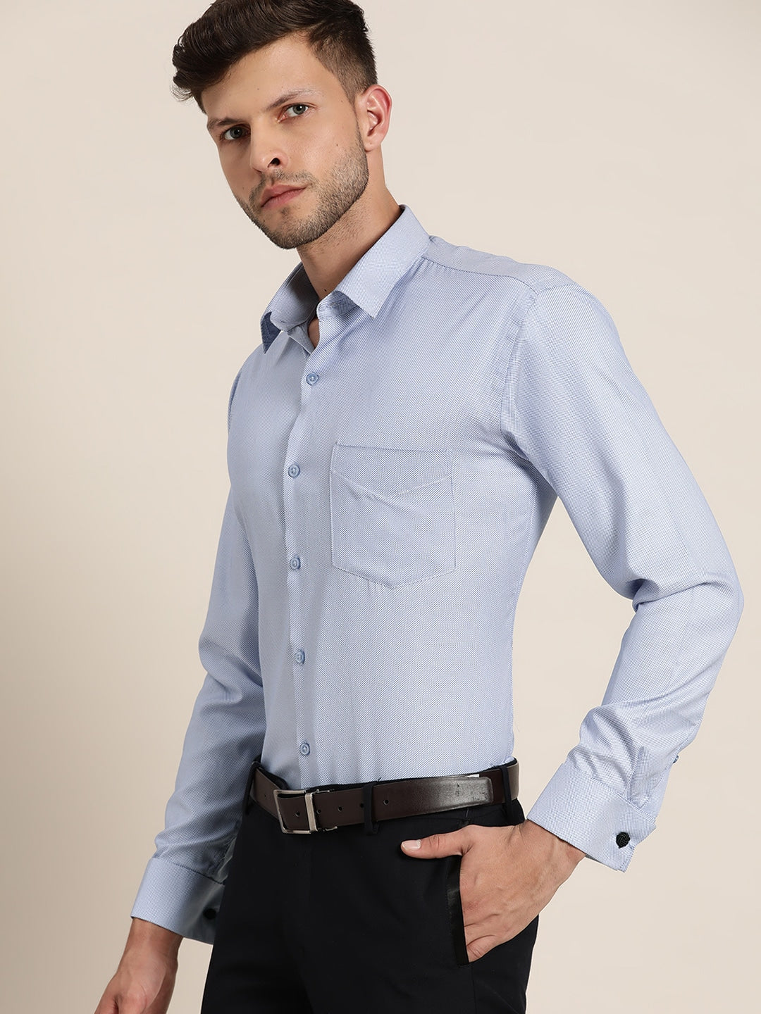 Men Blue & White Solids Cotton Rich Slim Fit Formal Shirt