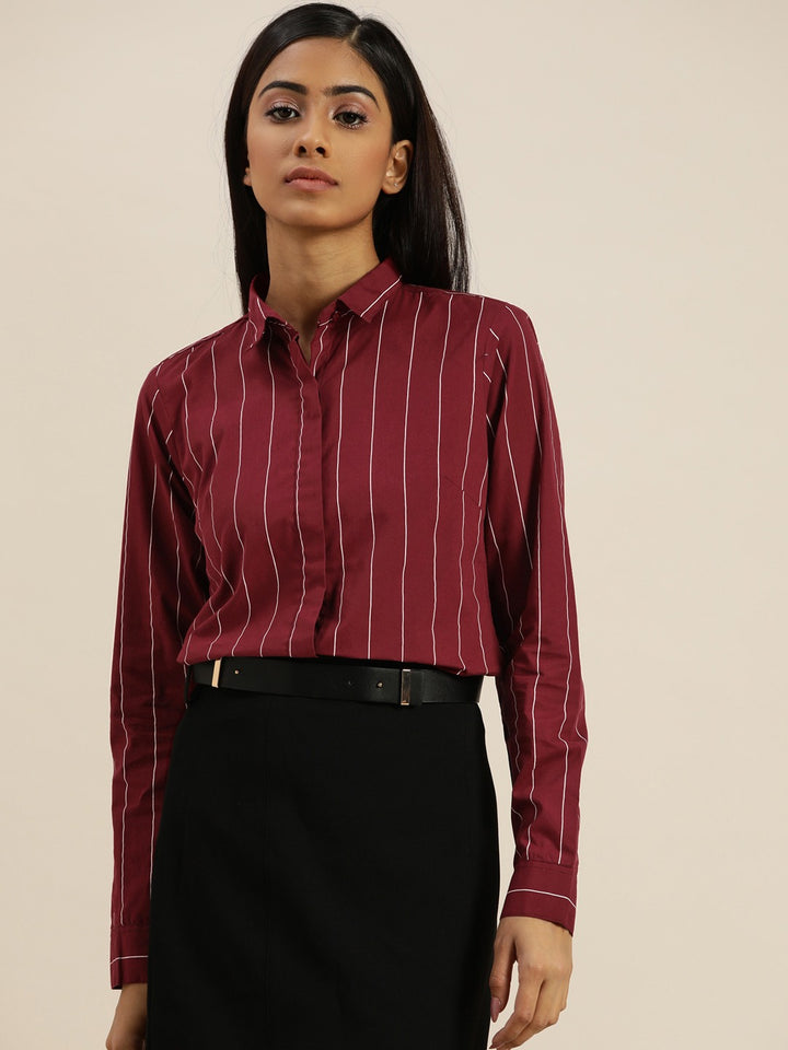 Women Maroon Striped Pure Cotton Slim Fit Formal Shirt