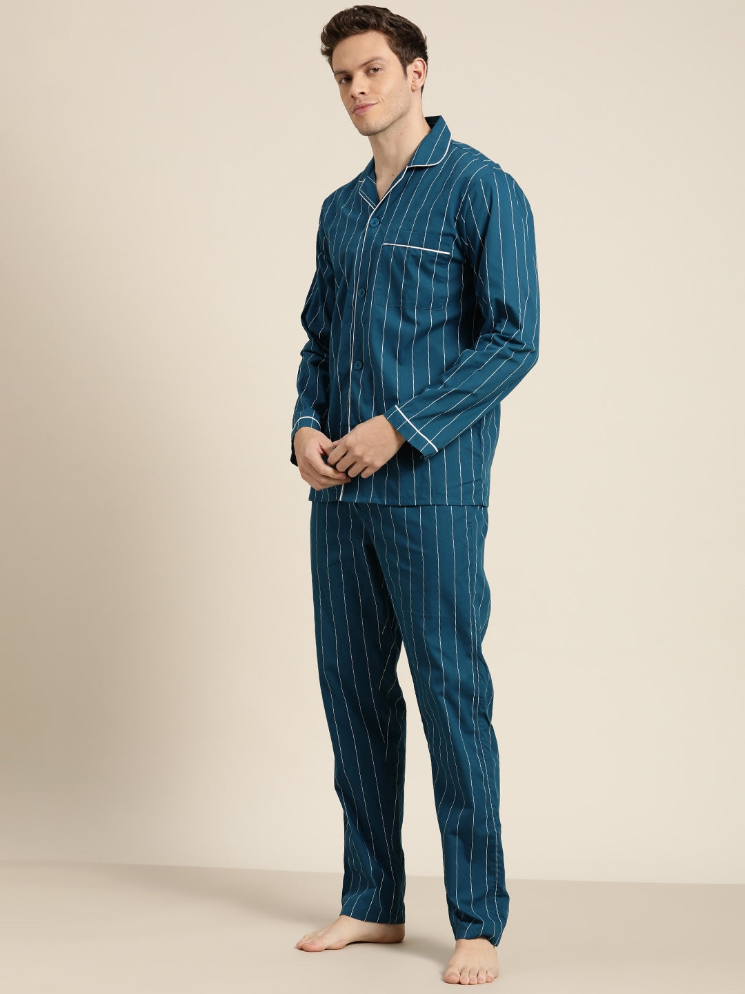 Men Turquoise Stripes Pure Cotton Regular Fit Night Wear Night Suit