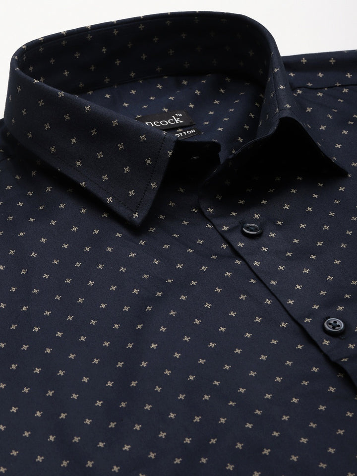 Men Navy Blue Prints Pure Cotton Slim Fit Formal Shirt