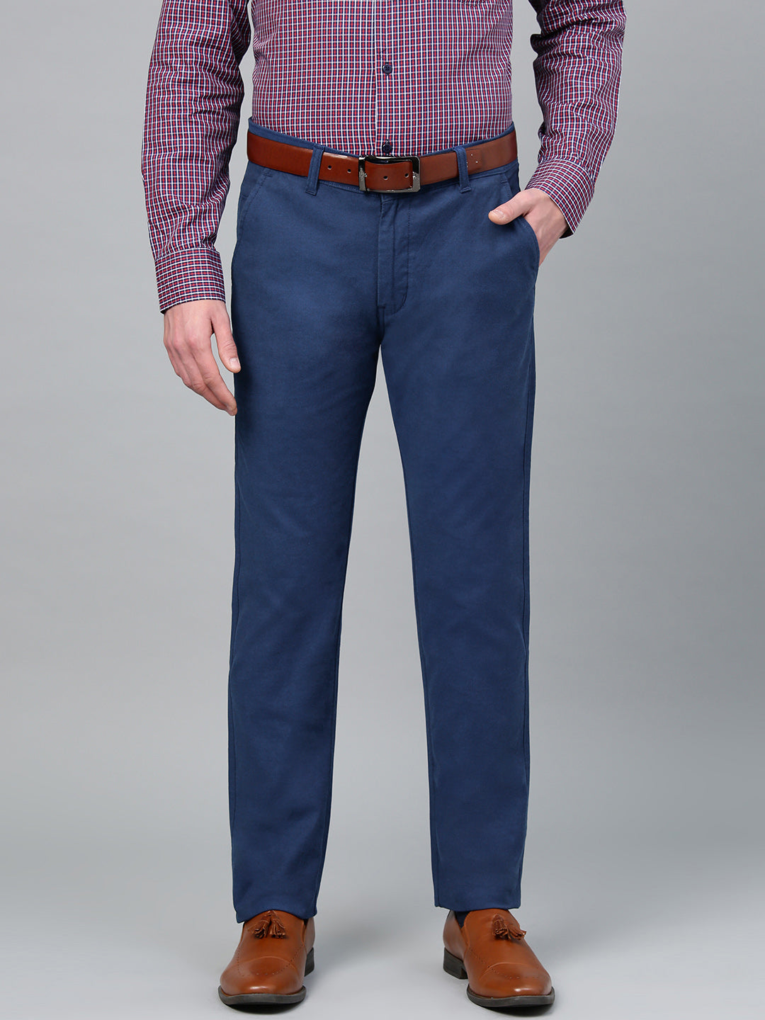 Men Blue Cotton Solid Slim Fit Casual Trouser