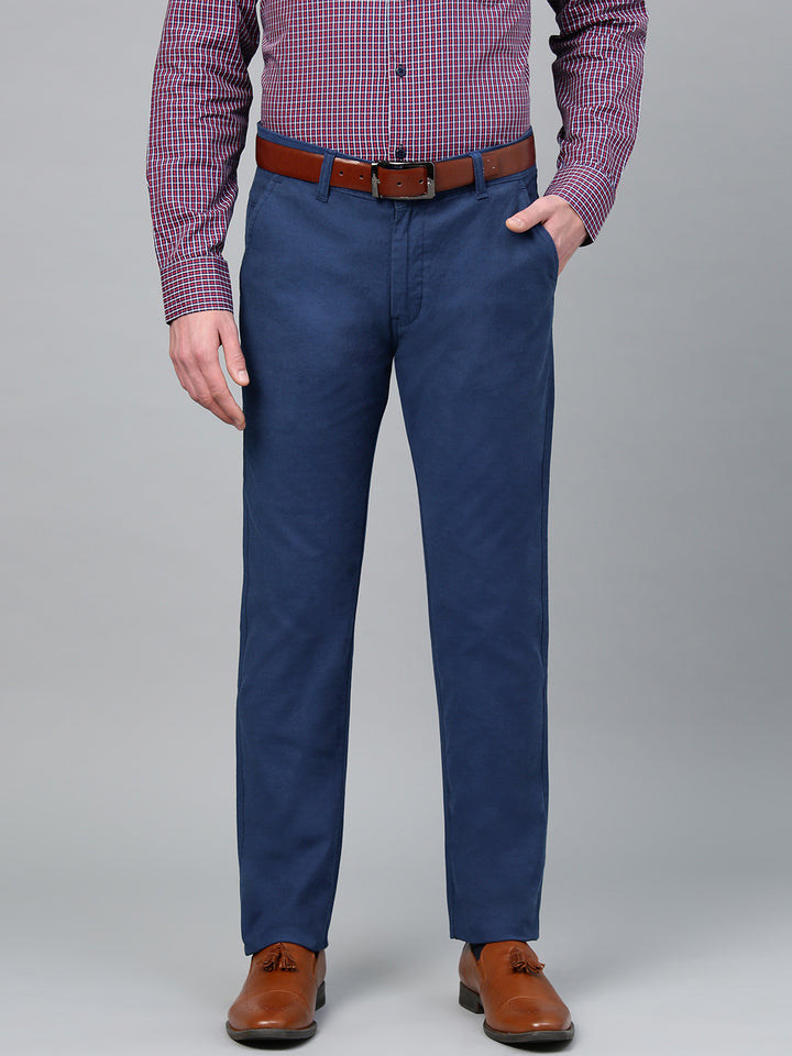 Men Blue Cotton Solid Slim Fit Casual Trouser