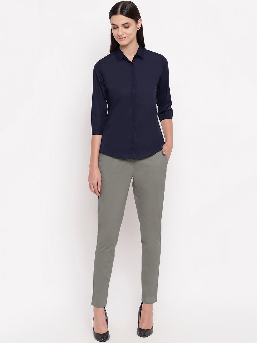 Women Navy Pure Cotton Solid Slim Fit Formal Shirt