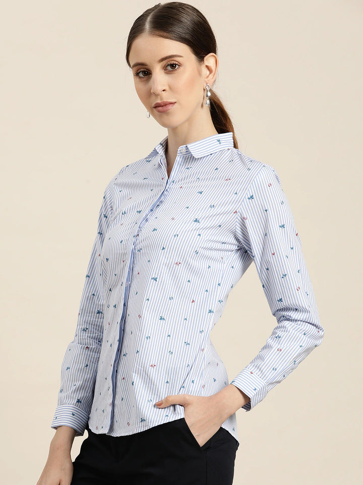 Women White & Blue Stripes Pure Cotton Slim Fit Formal Shirt