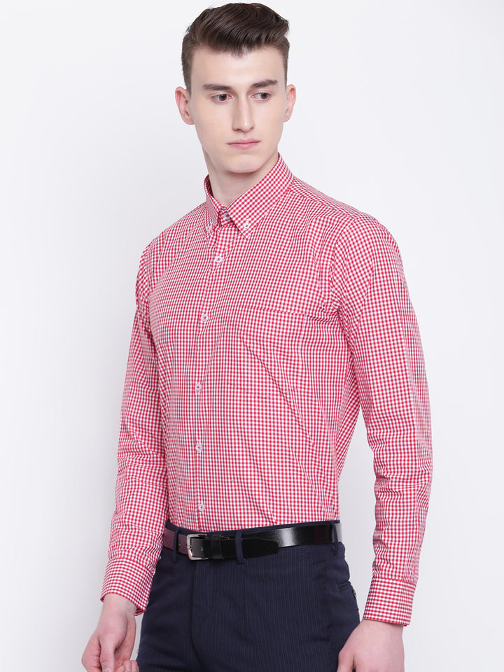 Men Red & White Pure Cotton Checked Slim Fit Formal Shirt