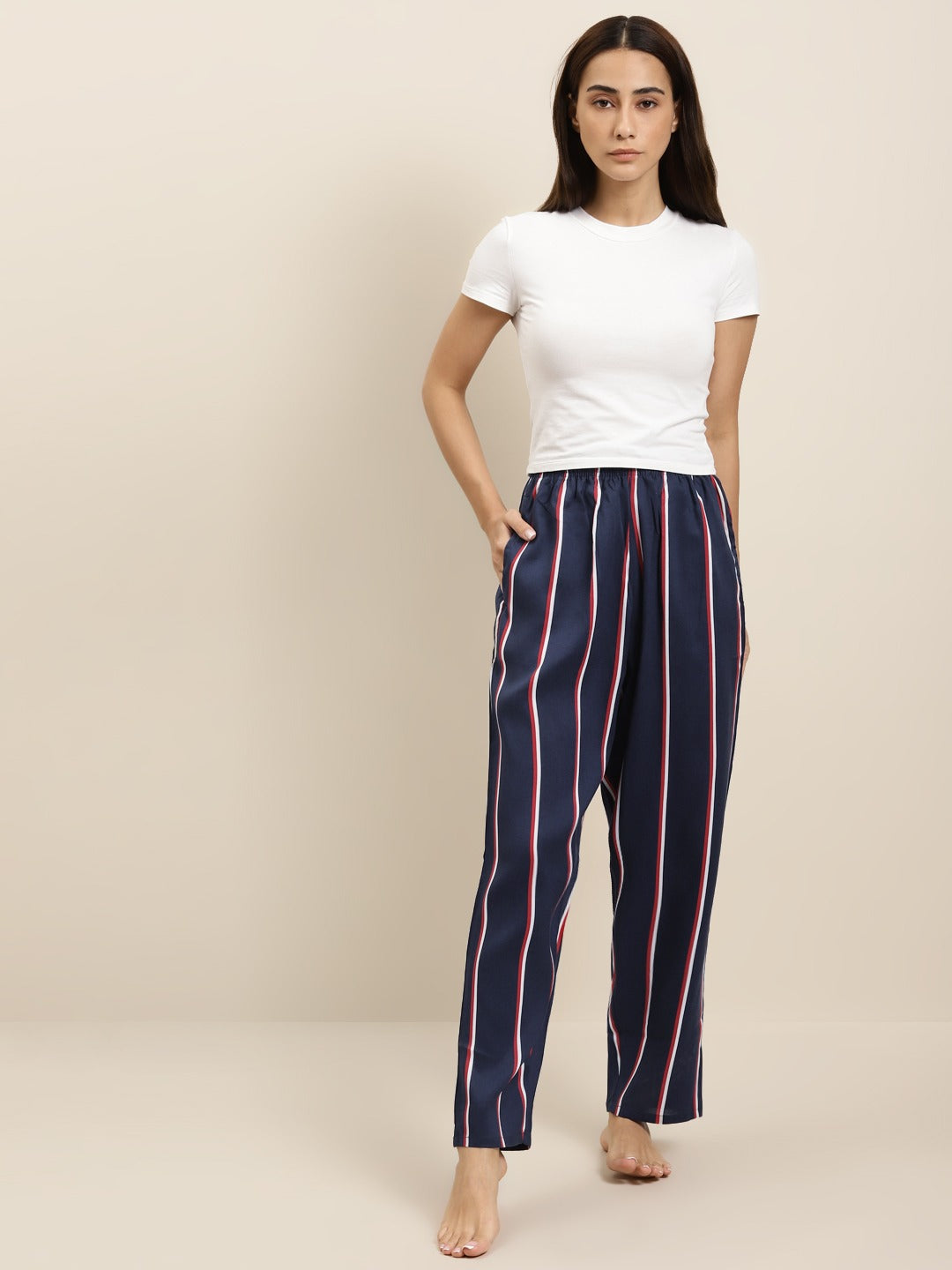 Women Navy Stripes Viscose Rayon Relaxed Fit Casual Lounge Pant