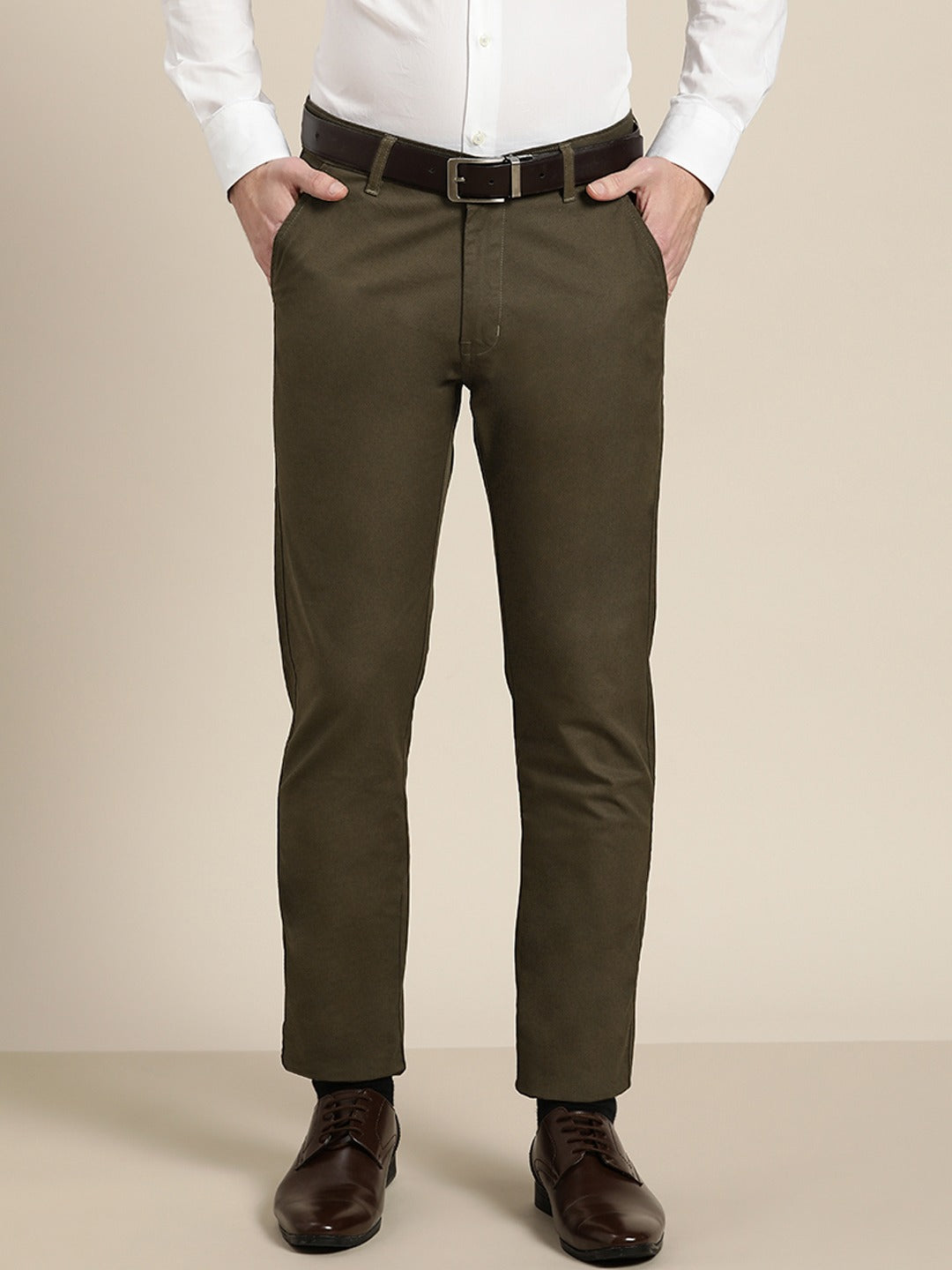 Men Green Prints Cotton Elastene Slim Fit Formal Trouser