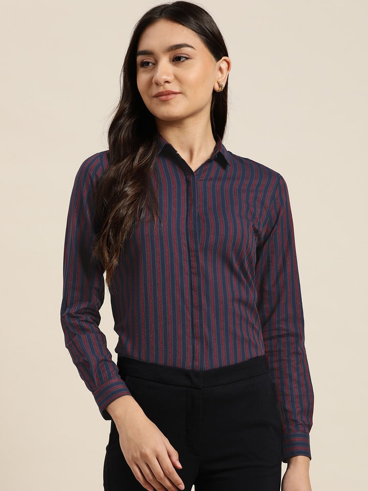 Women Navy Stripes Pure Cotton Slim Fit Formal Shirt