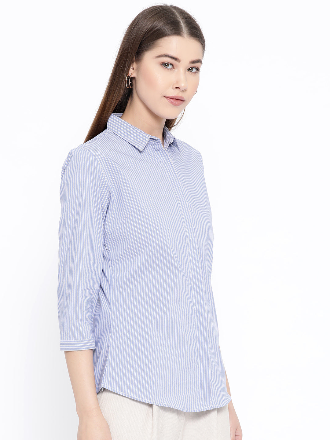 Women Sky Blue Pure Cotton Striped Slim Fit Formal Shirt