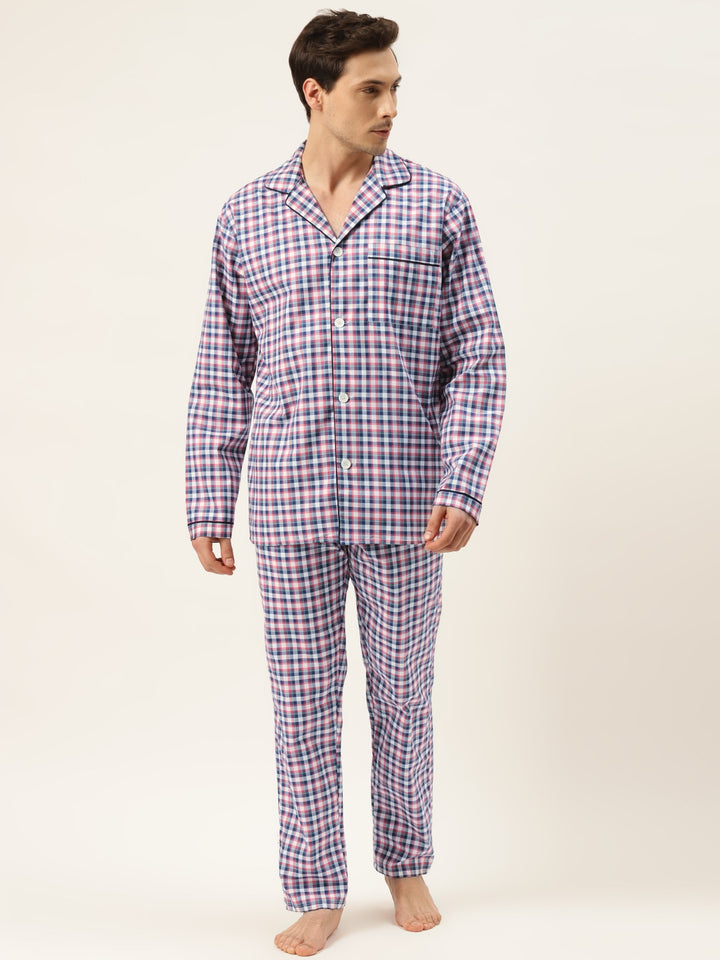 Men Blue & Pink Checks Pure Cotton Regular Fit Night Wear Night Suit