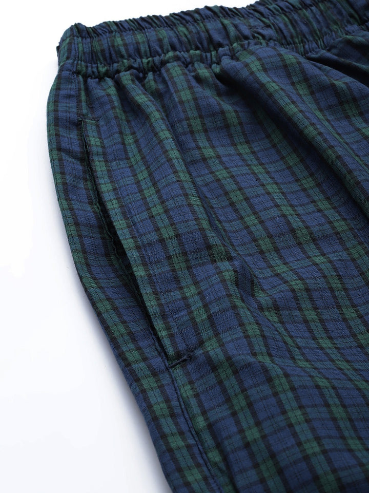 Men Navy-Green Checks Pure Cotton Regular Fit Night Wear Night Suit