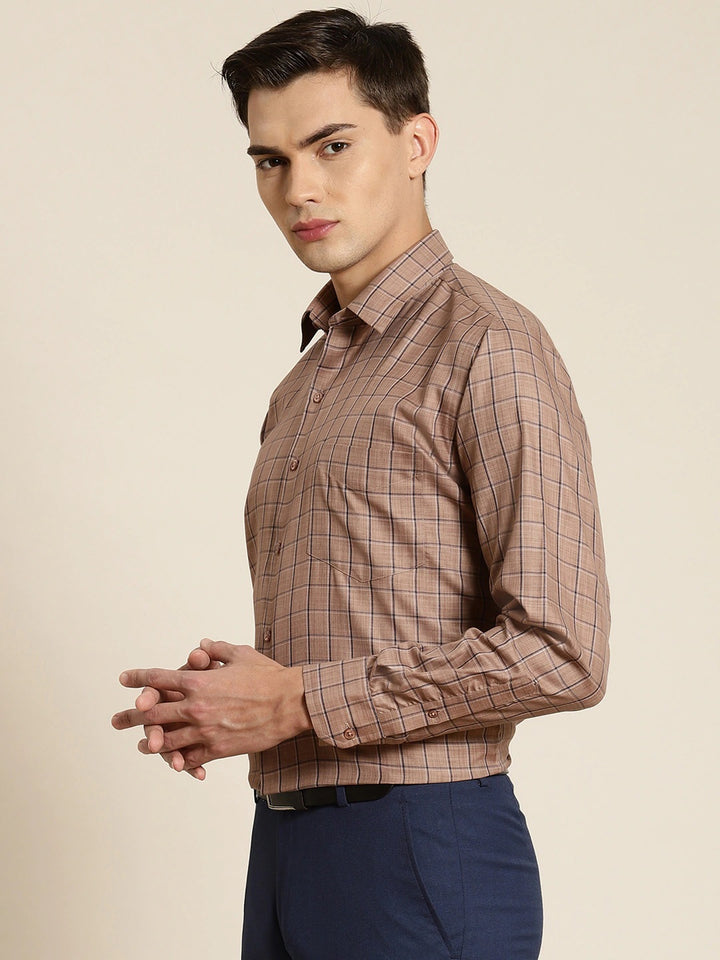 Men Brown Checked Cotton Rich Slim Fit Formal Shirt