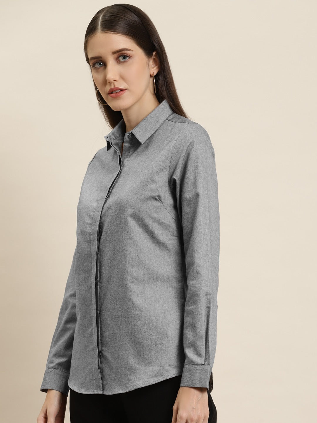 Women Grey Solid Chambray Cotton Rich Slim Fit Formal Shirt