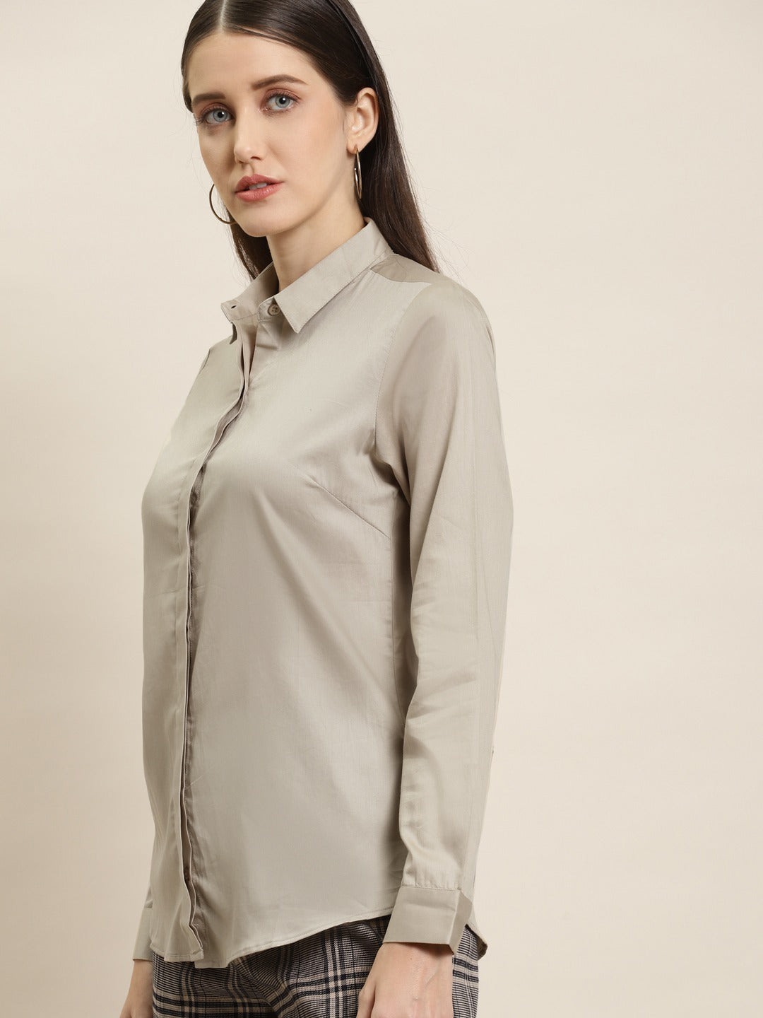 Women Beige Solid Pure Cotton Satin Slim Fit Formal Shirt