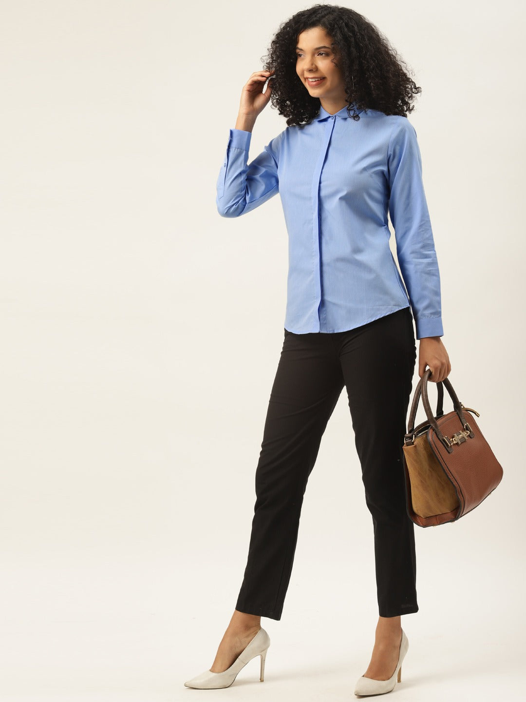 Women Sky Blue Solids Pure Cotton Slim Fit Formal Shirt