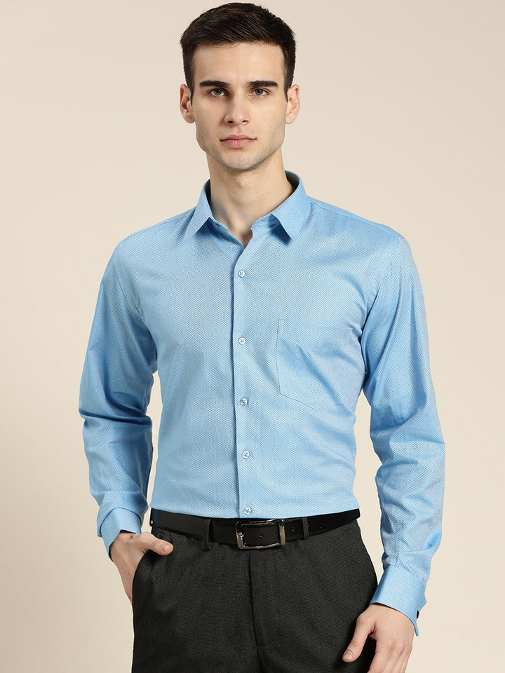 Men Blue Solid Self Design French Cuff Pure Cotton Slim Fit Formal Shirt