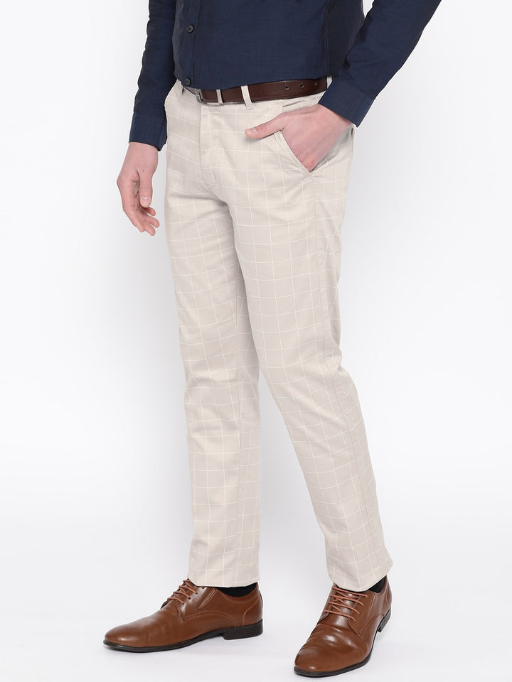 Men Beige Checked Cotton Stretch Slim Fit Formal Trouser