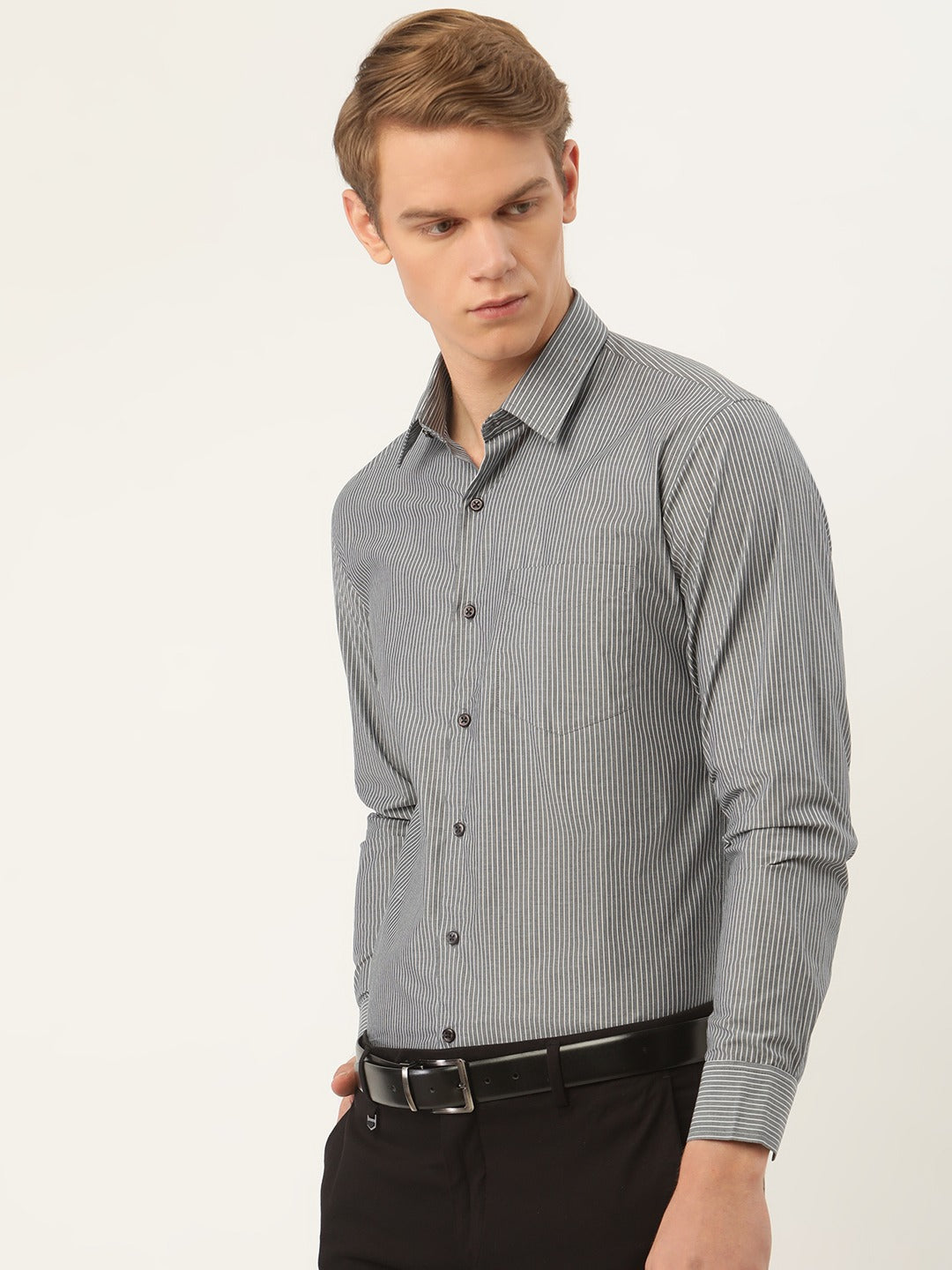 Men Grey Stripes Pure Cotton Slim Fit Formal Shirt
