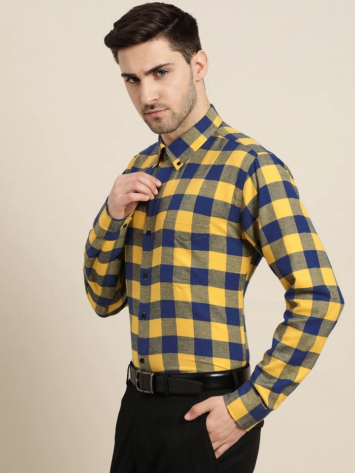 Men Yellow & Navy Checks Pure Cotton Slim Fit Formal Shirt