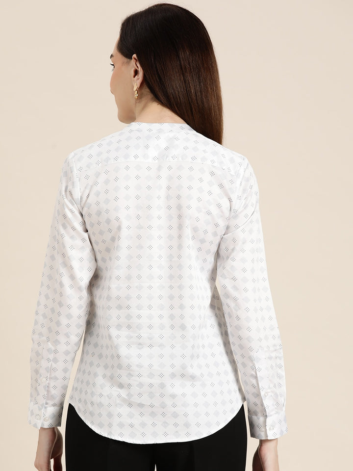 Women White & Blue Printed Pure Cotton Slim Fit Formal Top