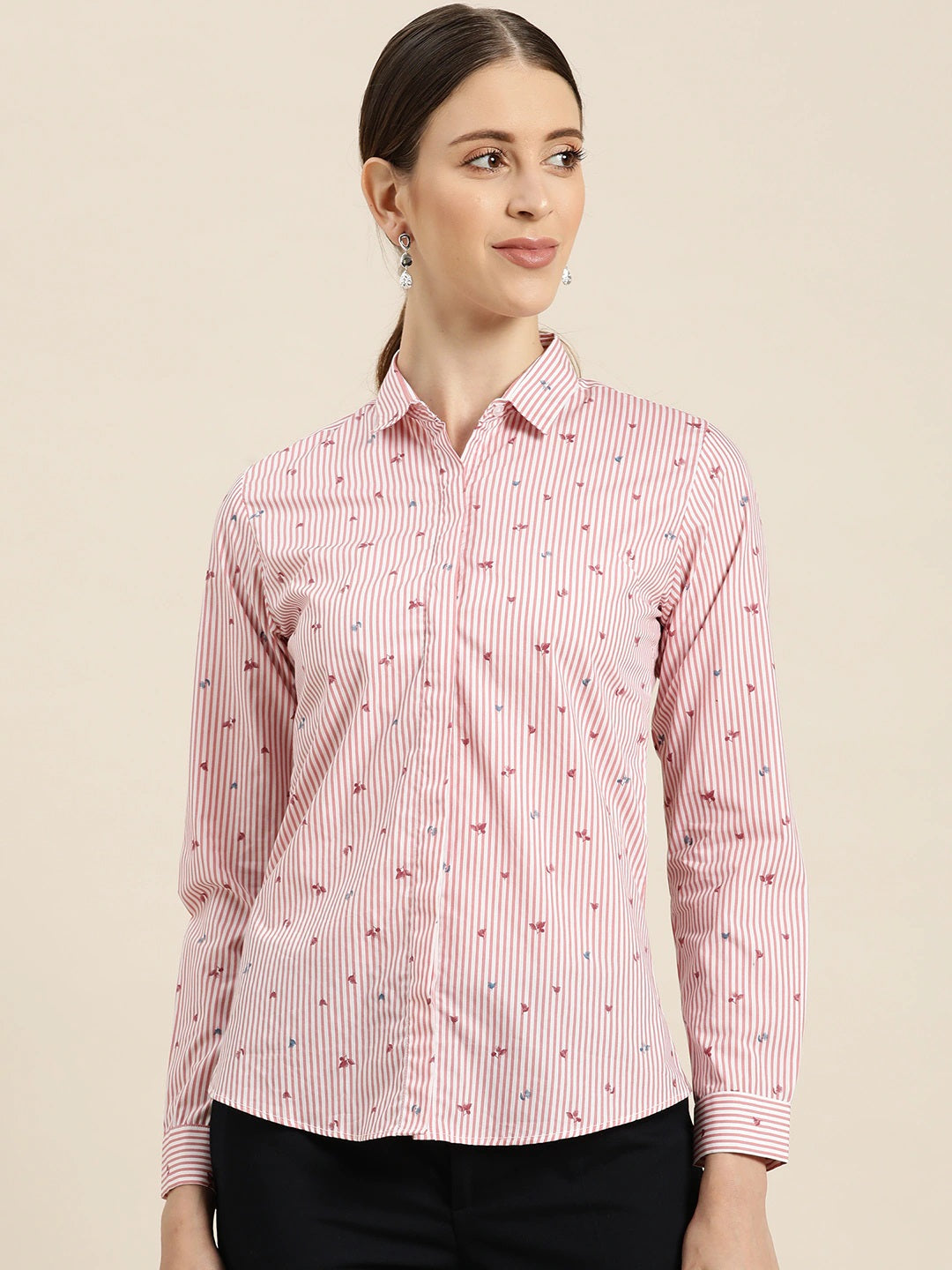 Women White & Pink Stripes Pure Cotton Slim Fit Formal Shirt
