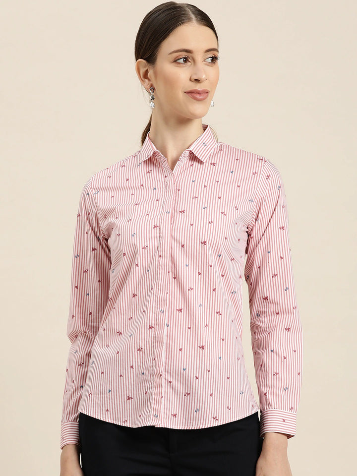 Women White & Pink Stripes Pure Cotton Slim Fit Formal Shirt