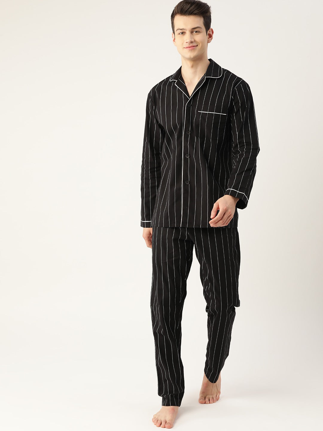 Men Black Stripes Pure Cotton Regular Fit Night Wear Night Suit